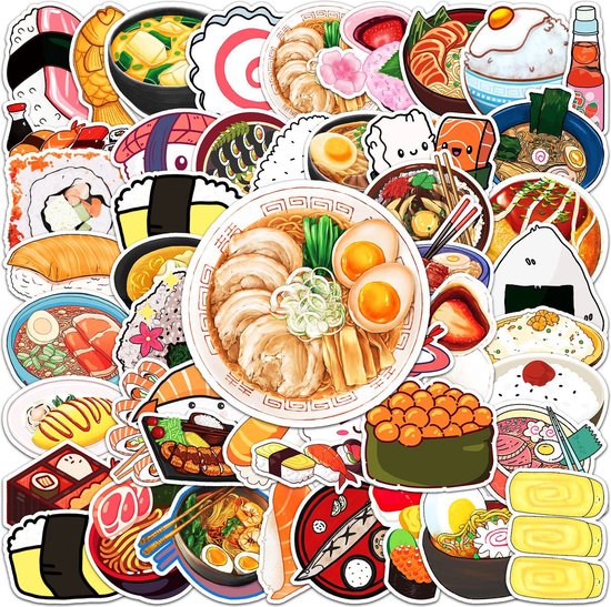 Sushi & Noedels Stickers - mix 50 stuks - Thema: Japanse gerechten/Aziatisch eten - 5x6CM