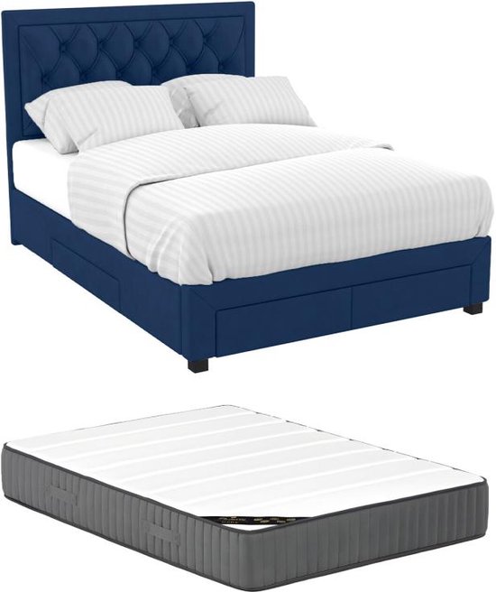 Bed met lades 160 x 200 cm - Blauw velours + matras - LEOPOLD L 216.5 cm x H 122.2 cm x D 165 cm
