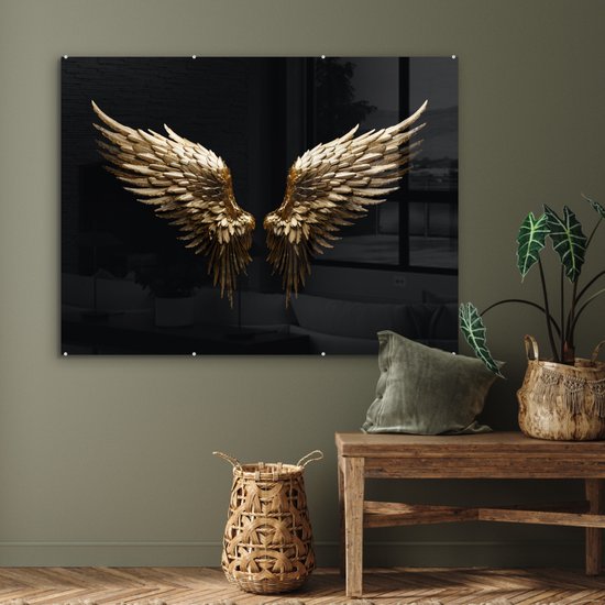 MuchoWow® Glasschilderij 120x90 cm - Schilderij acrylglas - Vleugels - Engel - Goud - Zwart - Abstract - Foto op glas - Muurdecoratie woonkamer - Wanddecoratie slaapkamer - Schilderijen