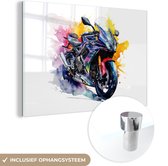 MuchoWow® Glasschilderij 120x80 cm - Schilderij glas - Motor - Bike - Kleuren - Graffiti - Foto op acrylglas - Schilderijen