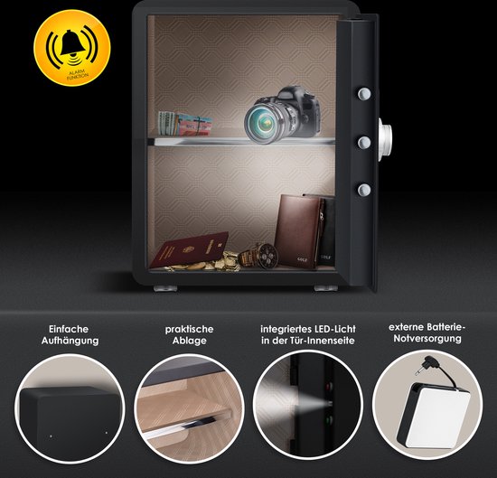 KESSER® Elektrische kluis met vingerafdruk, 38 x 30 x 30 cm, inclusief batterijbox, elektronisch kluis, 3 x dubbel boutslot, vloerwandkluis, meubelkluis, verlichting, pantserkastcombinatieslot