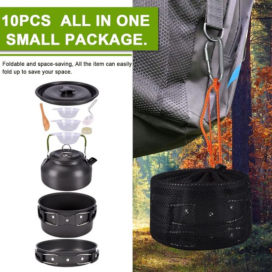 10-delige pannenset, picknickpotten, campingpannenset, draagbare campingwaterkoker, kookuitrusting voor wandelen, backpacken, buiten en grillen (2-3 personen) — afbeelding 4