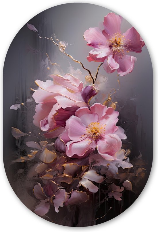 Muurovaal 80x120 cm - Wandovaal Bloemen - Roze - Stilleven - Kunst - Kunststof wanddecoratie - Ovalen schilderij - Muurdecoratie woonkamer - Schilderijen - Ovale spiegel vorm op kunststof