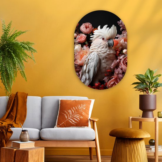 Mur ovale 60x90 cm - Mur ovale Cacatoès - Animal - Nature - Botanique - Fleurs - Rose - Décoration murale plastique - Tableau ovale - Décoration murale salon - Peintures - Forme miroir ovale sur plastique