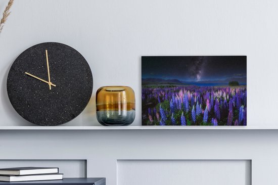 Champ de fleurs avec des lupins violets et bleus la nuit au lac Tekapo en Nouvelle-Zélande 30x20 cm - petit - Tirage photo sur toile (Décoration murale salon / chambre) / Peintures Fleurs sur toile