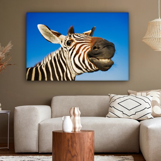 Une drôle de toile de zèbre grimaçant 140x90 cm - Tirage photo sur toile (Décoration murale salon / chambre)