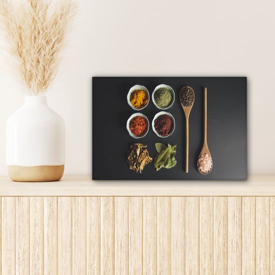 Toile Peinture Louche - Épices - Herbes - Vert - Marron - Rustique - 30x20 cm - Décoration murale