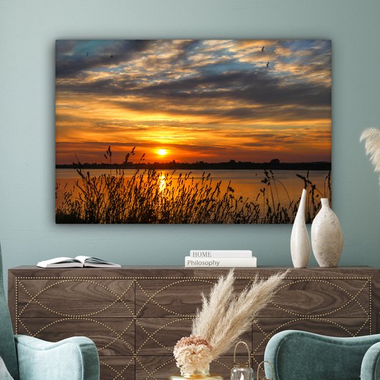 Toile - Peinture - Paysage - Mer - Coucher de soleil - Plantes - Tableau sur toile - Toile - 120x80 cm - Décoration murale de chambre