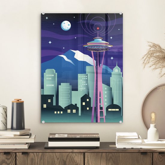 ® Glasschilderij 30x40 cm - Schilderij acrylglas - Illustratie van de Space Needle in de nacht - Foto op glas - Muurdecoratie woonkamer - Wanddecoratie slaapkamer - Schilderijen