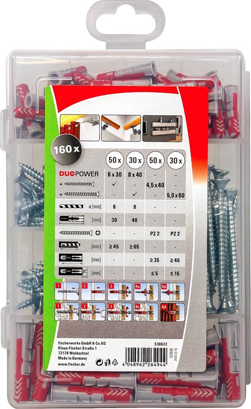 Fischer Profi-Box DuoPower assortimentsdoos met pluggen en schroeven. Afbeelding van installatie instructies.
