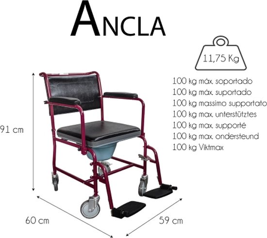 Mobiclinic Ancla - Toiletstoel - Met wielen, comfortabele zitting en emmer met deksel - Bordeaux - Postoel - WC stoel - Compact en lichtgewicht - mobiclinic