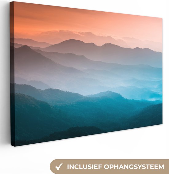 Toile - Photo sur toile - Montagnes - Nature - Vert - Brouillard - Décoration murale - Peinture - Canvasdoek - 30x20 cm - Salon