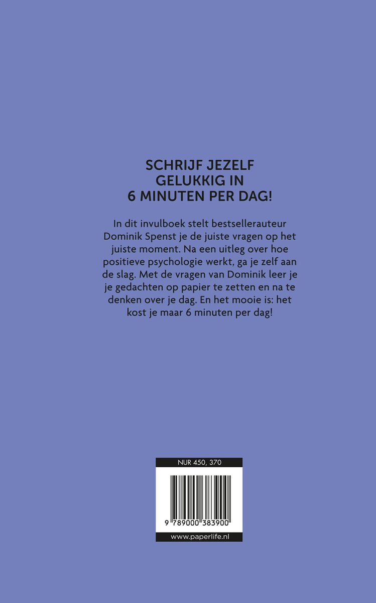 Achterkant paars dagboek met tekst "Schrijf jezelf gelukkig in 6 minuten per dag".