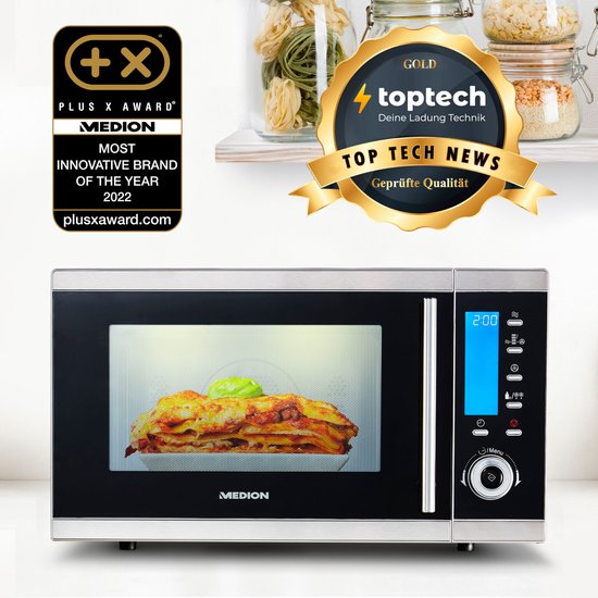 MEDION 4-in-1 Magnetron met Grill MD 15501 | 25 Liter | 900 Watt Magnetronvermogen | 2500 Watt Hetelucht | 10 Automatische programma's
