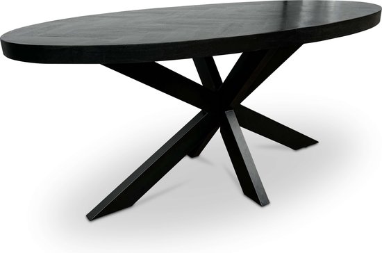 Combi Meubels - Eettafel - 160cm x 90cm - Mangohout - Visgraat - Ovaal - Zwart - Kruispoot