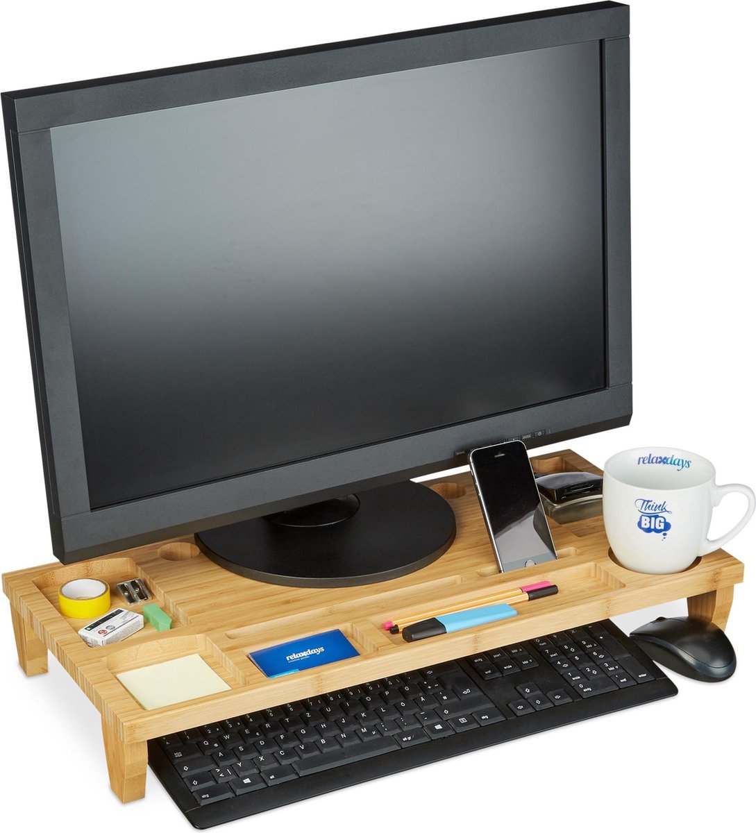 Relaxdays Monitorstandaard - bamboe - monitorverhoger - beeldschermverhoger - opbergruimte