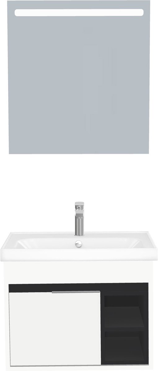 Aachen Badkamermeubel Set 65 cm Hoogglans Wit – Met LED Spiegel, Softclose Semi-Handgreep, 1 Deur, Keramische Wastafel