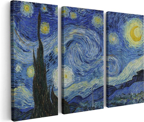 Artaza Canvas Schilderij Drieluik De Sterrennacht - Vincent van Gogh - 150x100 - Groot - Foto Op Canvas - Canvas Print