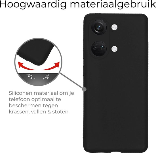 Zwarte telefoonhoes met illustraties die 'Hoogwaardig materiaalgebruik' en 'Siliconen materiaal om je telefoon optimaal te beschermen tegen krassen, vallen & stoten' aangeven.