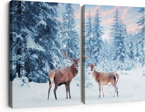 Artaza Canvas Schilderij Tweeluik Twee Herten In Het Bos Met Sneeuw - 180x120 - Groot - Foto Op Canvas - Canvas Print
