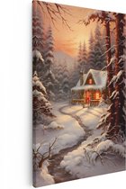 Artaza Canvas Schilderij Huisje in het Winterse Bos - Winter - 80x120 - Groot - Foto Op Canvas - Wanddecoratie Woonkamer