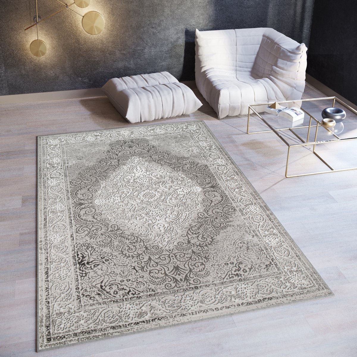 Tapiso Ares Vloerkleed Grijs Laagpolig Oriental Woonkamer Frame Tapijt Maat- 140x200 Lichtgrijs