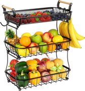 3-laags fruitmand met 2 bananenhangers voor keukenaanrecht, groenteaanrecht, opberghouder, grote capaciteit, metaaldraad, fruitstandaard, organisator, uiensnack, zwart