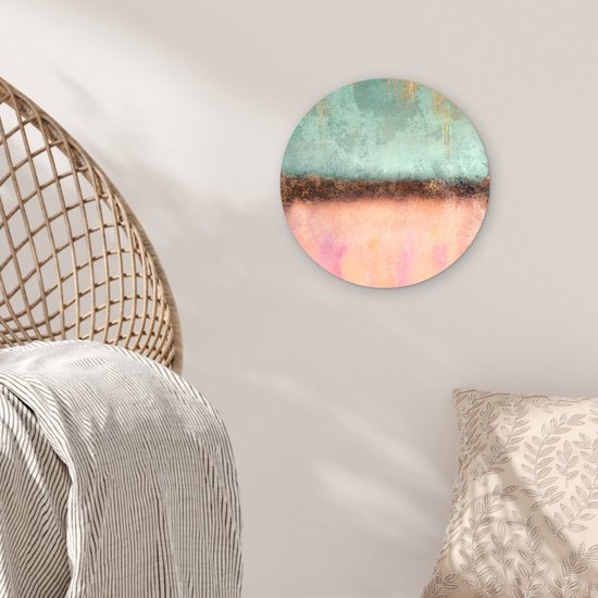 WallCircle® Wandcirkel 30x30 cm - Muurcirkel Goud - Verf - Abstract - Groen - Roze - Muurdecoratie woonkamer - Wanddecoratie slaapkamer - Kamer decoratie accessoires - Ronde schilderijen
