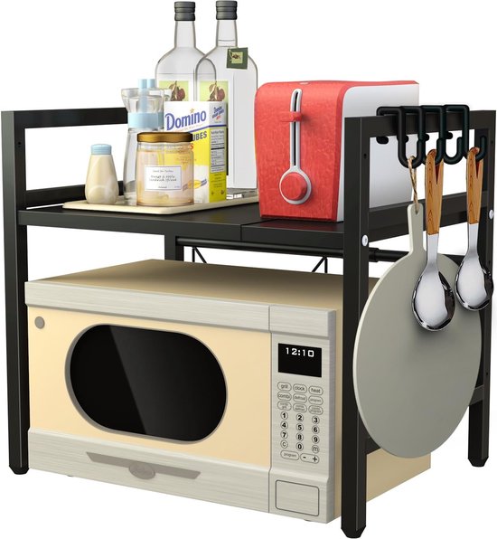 Étagère Micro-ondes Extensible 2 Niveaux 40-60cm - Support Cuisine Avec 8 Crochets Noir