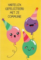 Hartelijk gefeliciteerd met je communie! Een vrolijke kaart met blije ballonnen met een muts op. Een leuke kaart om zo te geven of om bij een cadeau te voegen. Een dubbele wenskaart inclusief envelop en in folie verpakt.