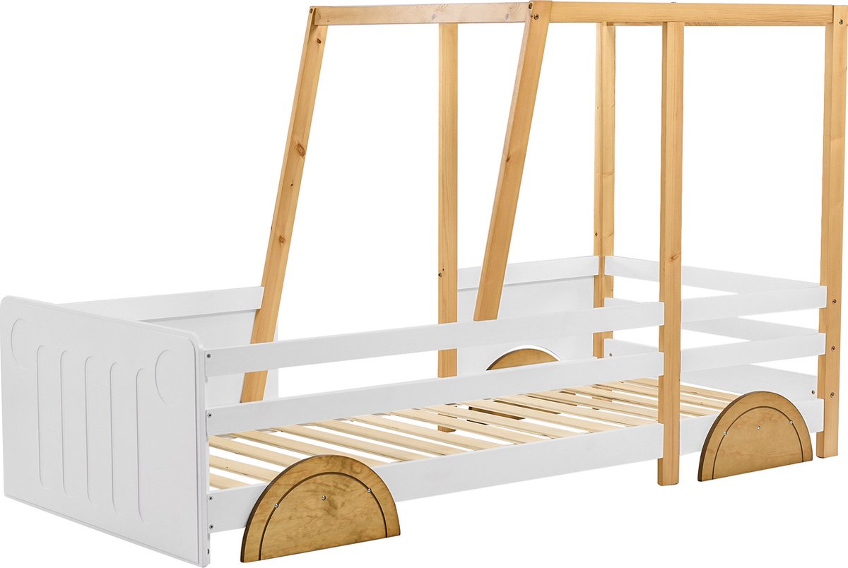 Autobed, jeepbed, kinderbed met MDF wielen, grenen frame, wit + naturel (90x200cm)