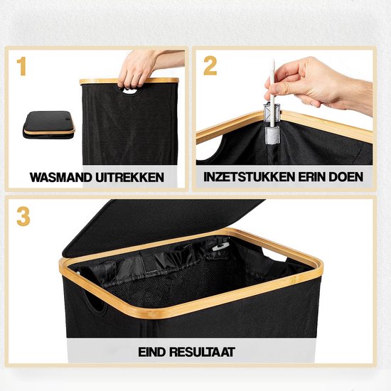 Drie stappen: 1. Vouw de zwarte wasmand met bamboe frame uit. 2. Plaats de inzetstukken. 3. Eindresultaat: de complete wasmand.