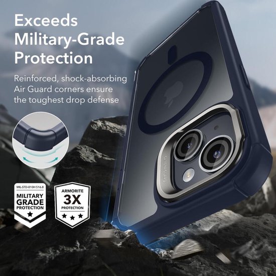 Coque ESR Armor Tough HaloLock adaptée à Apple iPhone 15 | Compatible avec MagSafe | avec béquille de rangement | Protection complète | Protection Extra de la caméra | Bleu transparent