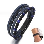 Leren Armband - blauw - Bruin - Leer - Kralen - Heren - Dames - Set 4 in 1