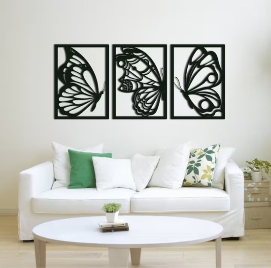 WandStaal - Vlinder Drieluik - Silhouette - Metaalkunst - Zwart - 1500x661x2 Dieren - Wanddecoratie - Muurdecoratie - Inclusief bevestigingsmateriaal