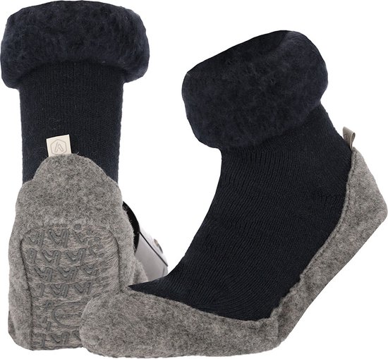 Heat Essentials - Wollen Pantoffel Sokken - Unisex - Donkerblauw - 43/44 - Cosyshoe Antislip Sokken - Pantoffels Heren Sloffen Heren - Huissokken