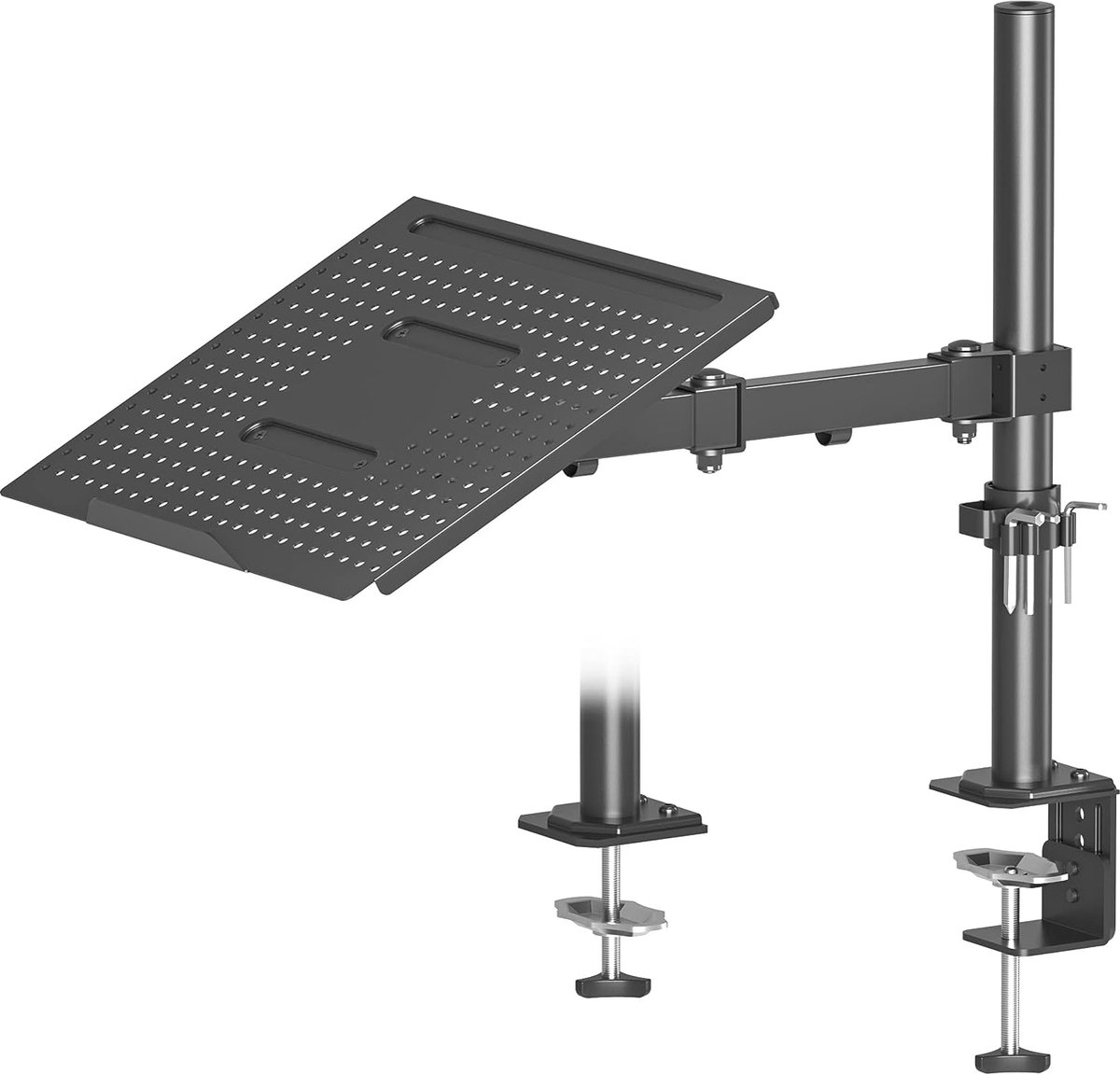 Monitorarm met geventileerde laptopplank, volledig verstelbaar voor 13 tot 32 inch LCD LED-scherm en maximaal 16 inch notebook, 2 montagemogelijkheden, kantelen, draaien en draaien