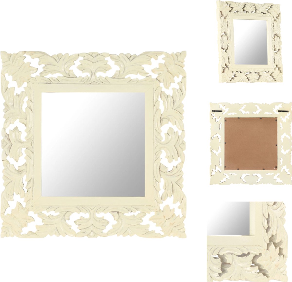 VidaXL Mangohouten Spiegel 50x50x2.5 cm Wit handgesneden patroon Spiegel