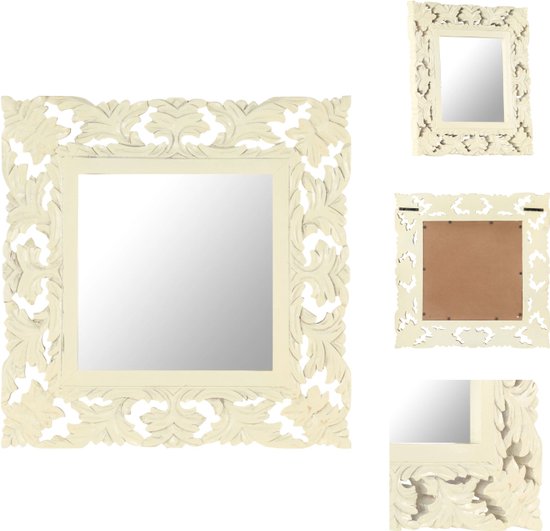 vidaXL Mangohouten Spiegel - 50x50x2.5 cm - Wit handgesneden patroon - Spiegel