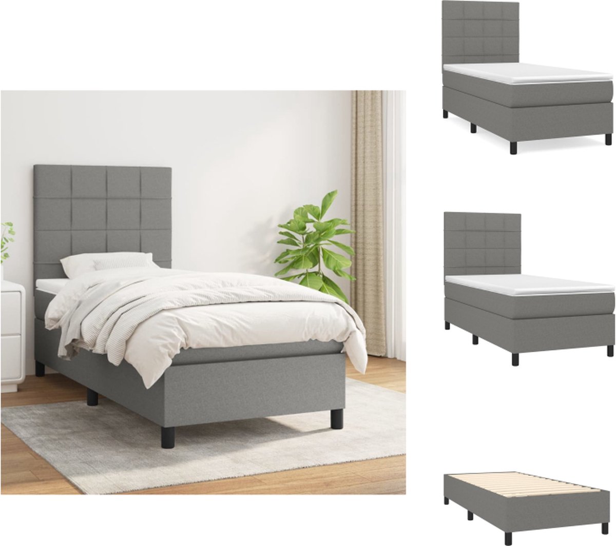 VidaXL Boxspringbed Donkergrijs 203x100x118 128 cm Pocketvering matras Middelharde ondersteuning Huidvriendelijk topmatras Bed