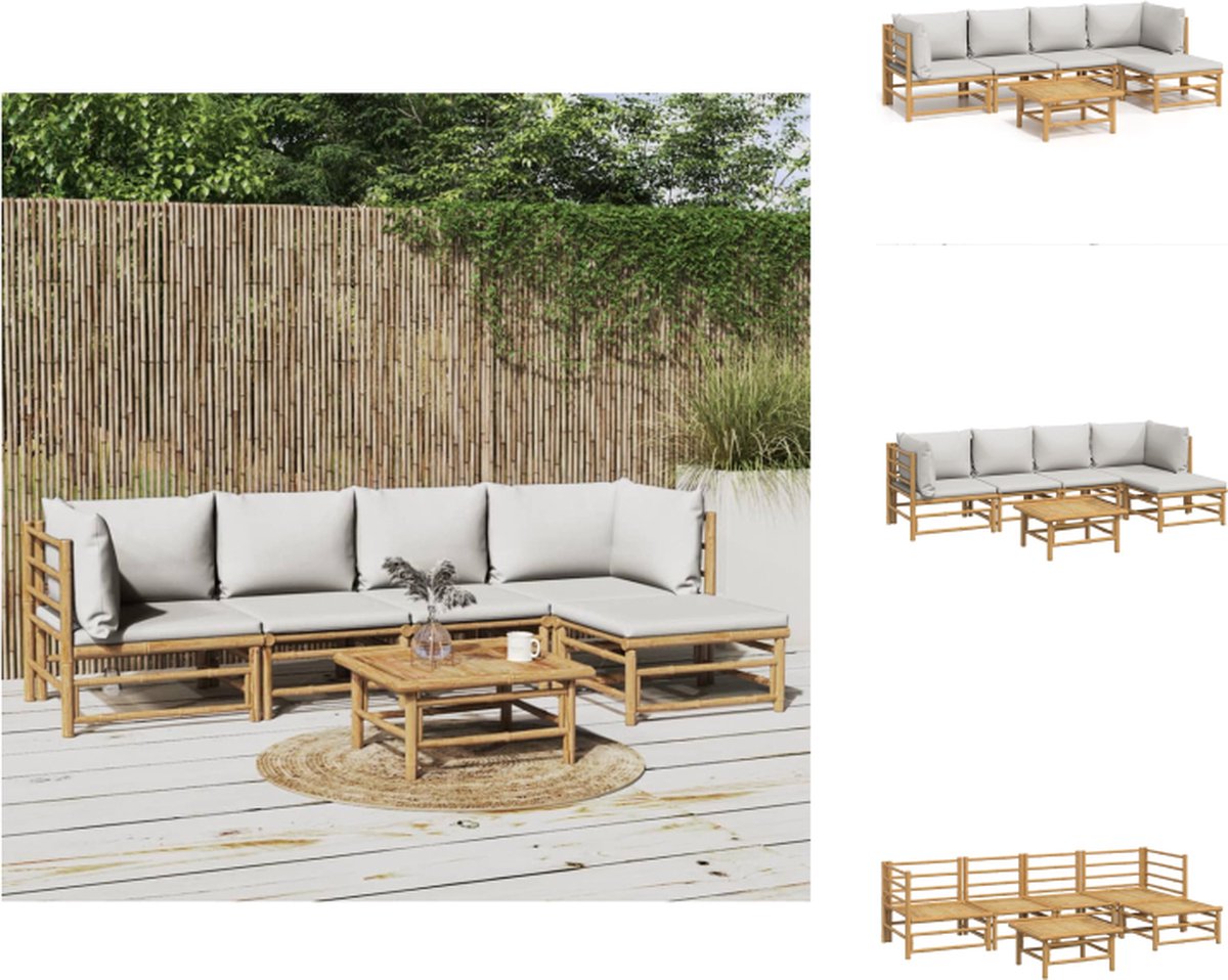 vidaXL 6-delige - Loungeset - met - kussens - bamboe - lichtgrijs