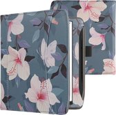 kwmobile flip cover geschikt voor Pocketbook Era - Hoes met handgreep en voorvak voor e-reader - Book case in wit / poederroze / paars - Fuchsia bloemen design