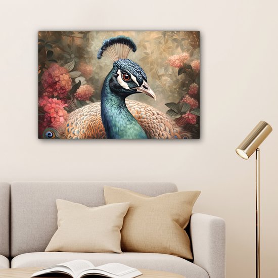 Tableau sur toile Paon - Vogel - Fleurs - Plantes - Plumes de paon - 180x120 cm - Décoration murale XXL