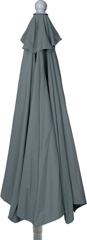 Ingeklapte antraciet parasol met witte stok.