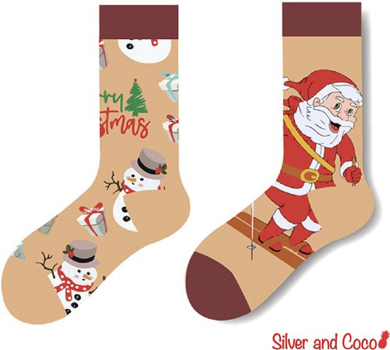 SilverAndCoco® - Rebelse Kerstsokken / Gekke Foute Vrolijke Happy Kerst Ski Sokken Kerstman / Leuke Grappige Dikke Warme Huissokken Kerstmis Dames Heren Kerstcadeau / Wintersokken Kleding Socks Mannen Vrouwen / Sinterklaas Schoen Cadeautje