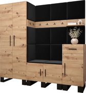 Garderobekast Ganggarderobe Compacte garderobe Vestibule Wandkast Plank Hal & Gang Kast Schoenenkast Gestoffeerde panelen en met een kussen - (BxHxD): 200x196x45,6 cm - ERNETST 1 - Artisan (Zwart (Manila 18))