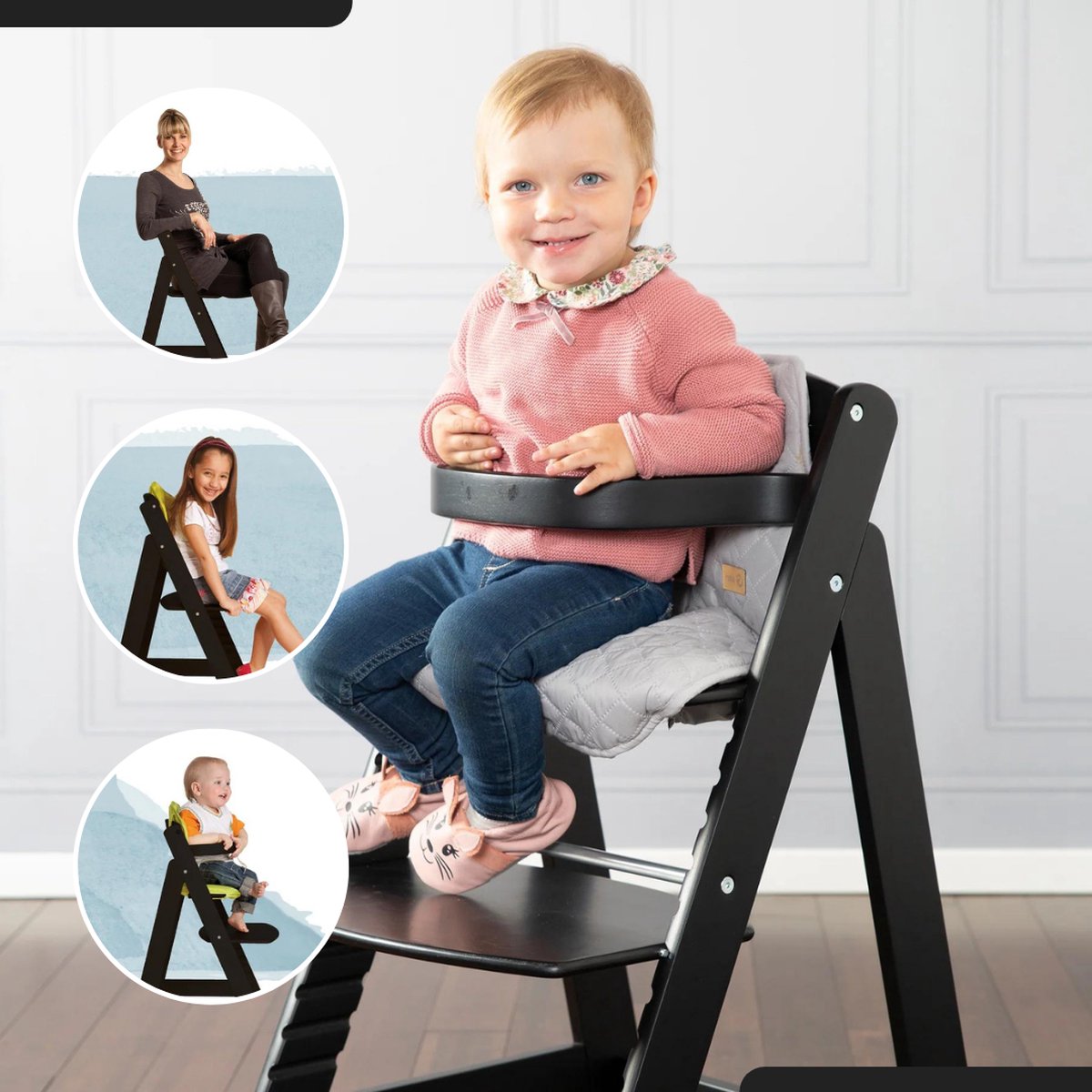 Buxibo Houten Meegroeistoel Kind - Inclusief Eetblad - Verstelbare Kinderstoel voor Comfort en Design - Inclusief kussen - 48×58×80cm - Zwart thumbnail 8
