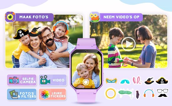 Kiddowz Smartwatch kinderen - Kinderhorloge - 5 t/m 12 jaar - met camera, filters en 26 kids spelletjes - Stappenteller - Roze - Kiddowz