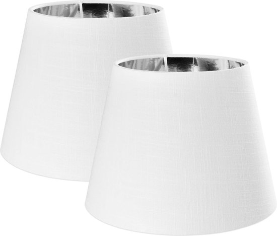 2x lampenkap voor tafellamp - E14 fitting - 16,2 cm hoog - Set van 2 ronde lampenkappen - Wit/zilverkleurig