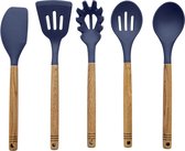 Kookgerei Set, Kooklepels, Set van 5 Stuks, Blauw, Siliconen, Essenhout - Barbary & Oak | Foundry